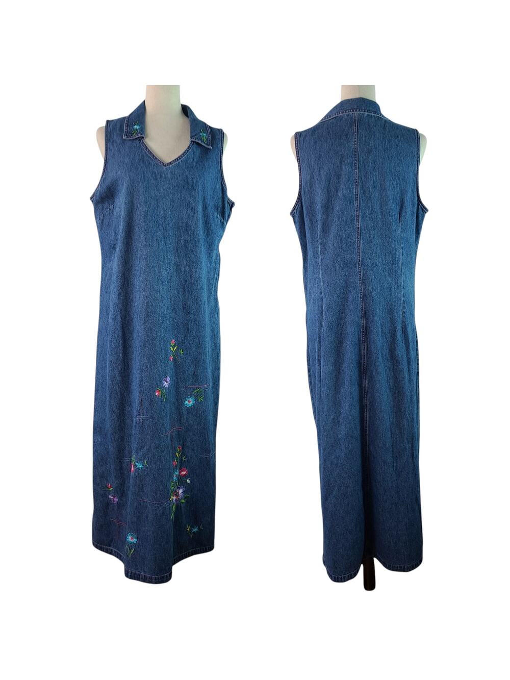 Studio Ease Blue Denim Floral Embroidered Vintage   Maxi Jumper Dress 14 Large